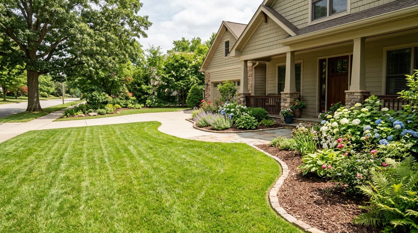 A residential home's front yard with a neatly maintained lawn, flower beds, and landscaping on a sunny day.